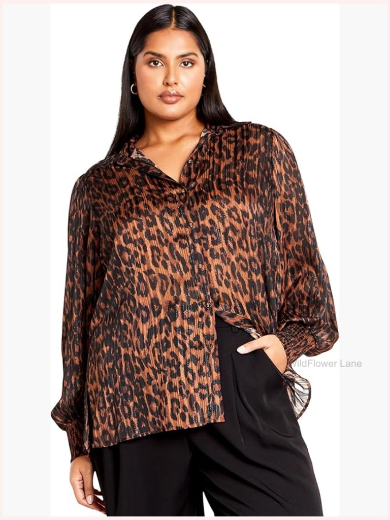 Plus Size Blouse - Button Down Shirt - Leopard Print - Collared Neck - Long